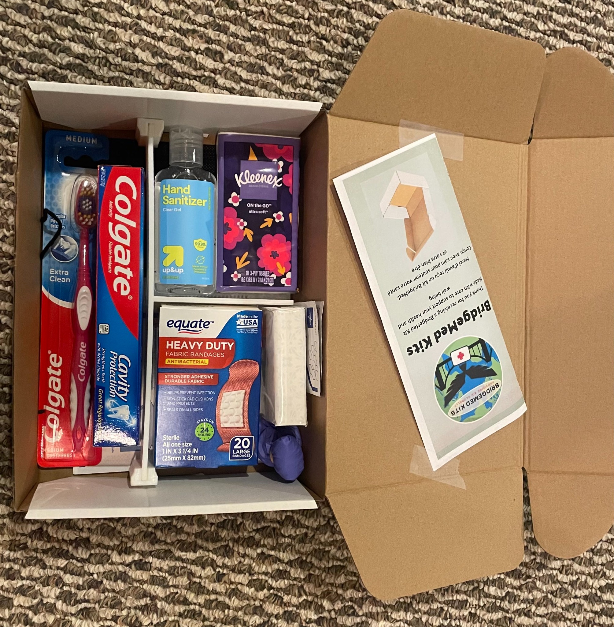 Close-up of a single BridgeMed Kit and its contents